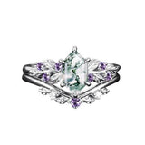 Sterling Silver 10K 14K 18K Long Hexagon Leaf Unique Vine Moss Agate Engagement Wedding Anniversary Ring Set