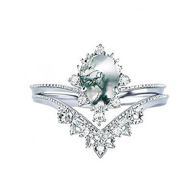 Sterling Silver Personalized Engraved 10K 14K 18K Gold Kite Moss Agate Bridal Promise Wedding Ring Set