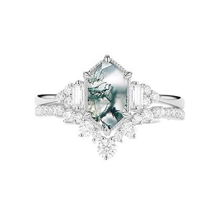 Sterling Silver Personalized Engraved 10K 14K 18K Gold Kite Moss Agate Bridal Promise Wedding Ring Set