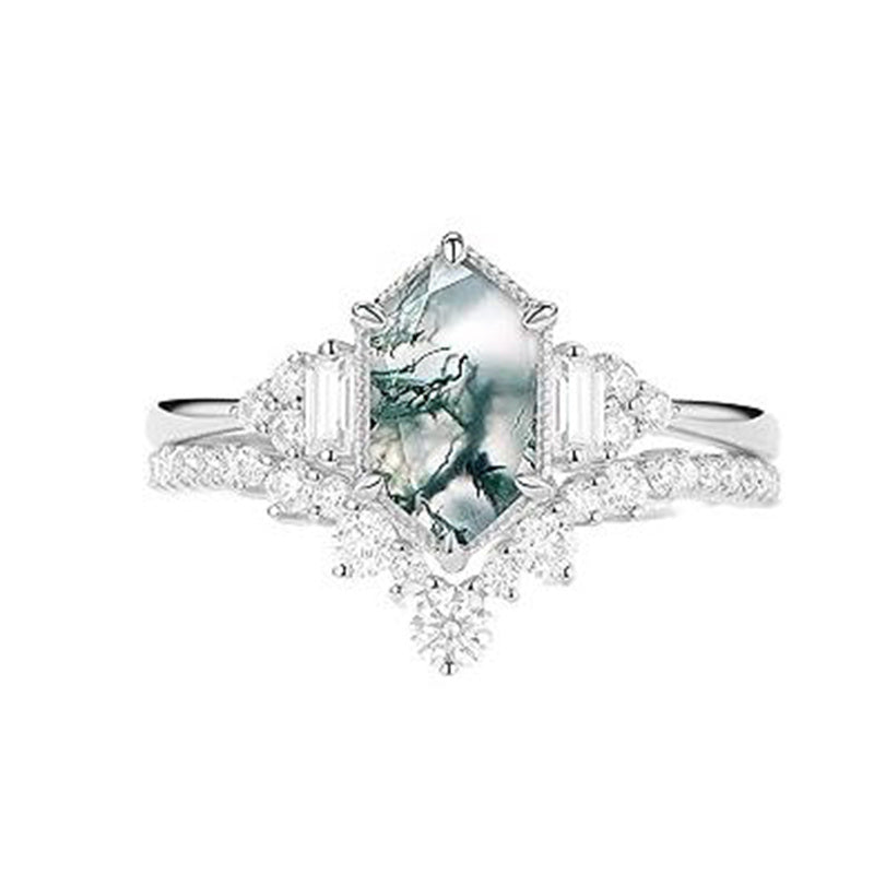 Sterling Silver Personalized Engraved 10K 14K 18K Gold Kite Moss Agate Bridal Promise Wedding Ring Set