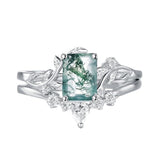 Sterling Silver Personalized Engraved Moss Agate Bridal Wedding Promise Engagement Ring Set for Women