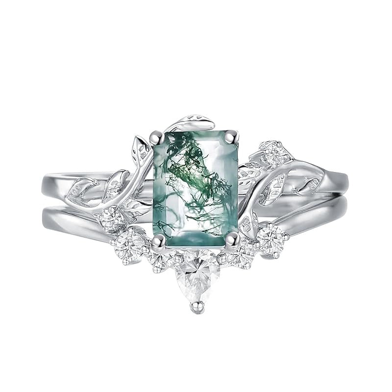 Sterling Silver Personalized Engraved Moss Agate Bridal Wedding Promise Engagement Ring Set for Women
