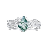 Sterling Silver Personalized Engraved Moss Agate Bridal Wedding Promise Engagement Ring Set for Women