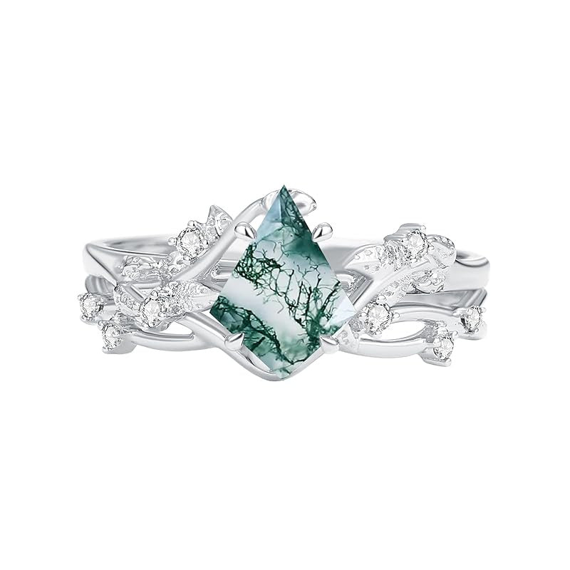 Sterling Silver Personalized Engraved Moss Agate Bridal Wedding Promise Engagement Ring Set for Women
