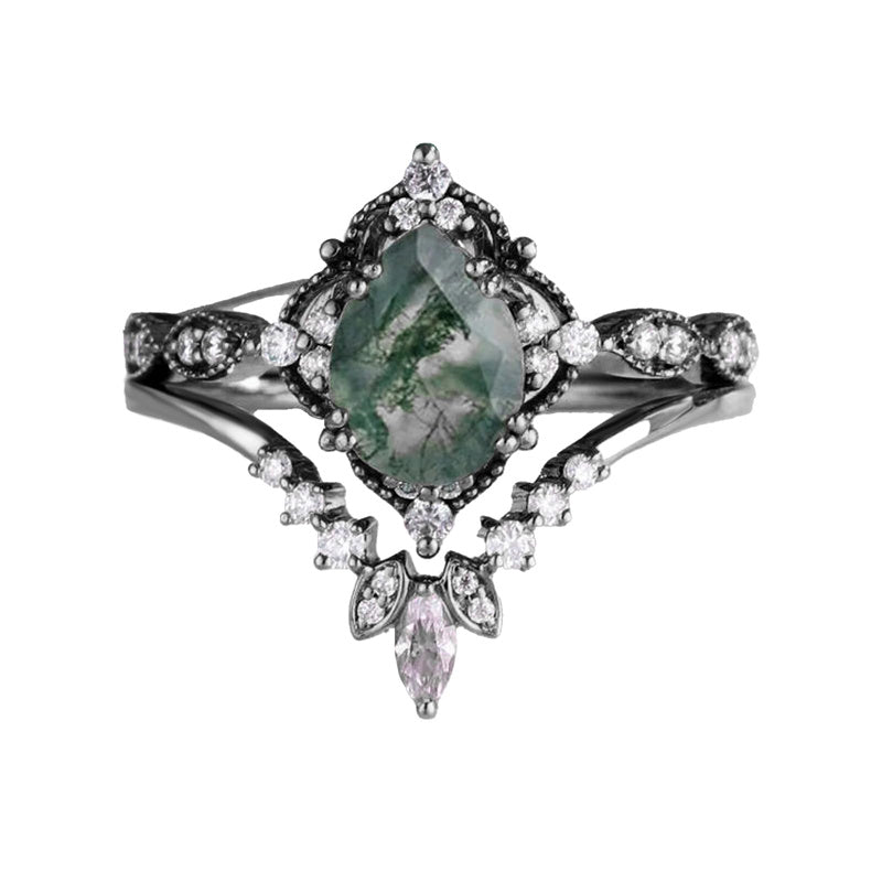 Sterling Silver Heart Moss Agate Set Engagement Wedding Ring