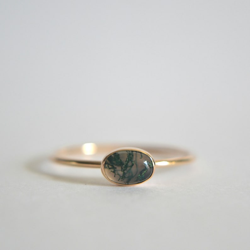 Sterling Silver Oval Moss Agate Ring with Rainbow Moonstone, Turquoise, and Black Onyx