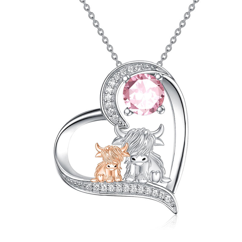 Sterling Silver Birthstone Two Highland Cow Pendant Necklace