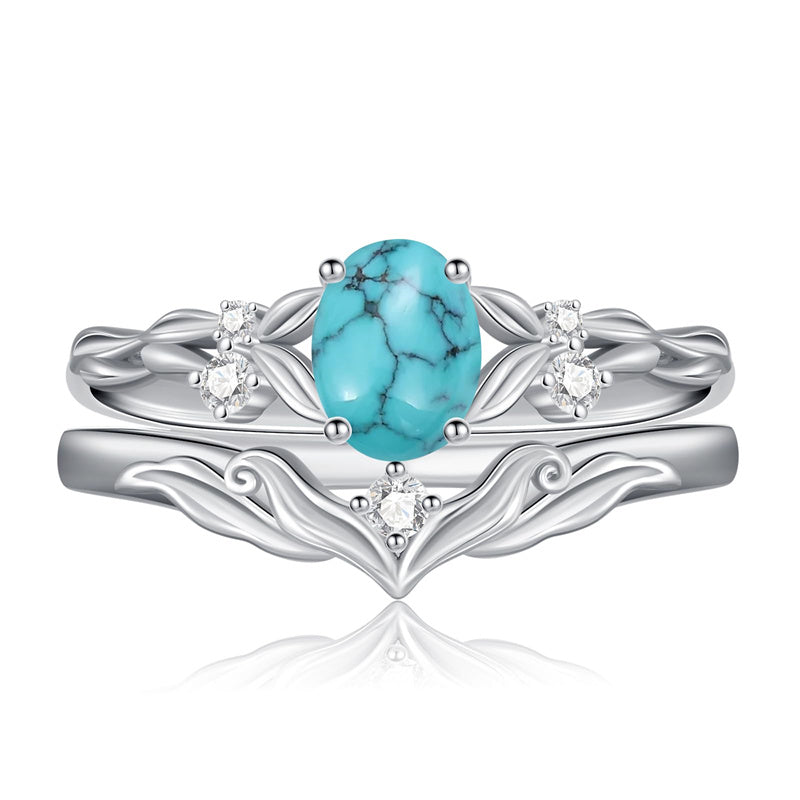 Sterling Silver 10K 14K 18K Gold  Oval Cut Unique Vine Gemstone Wedding Ring Set