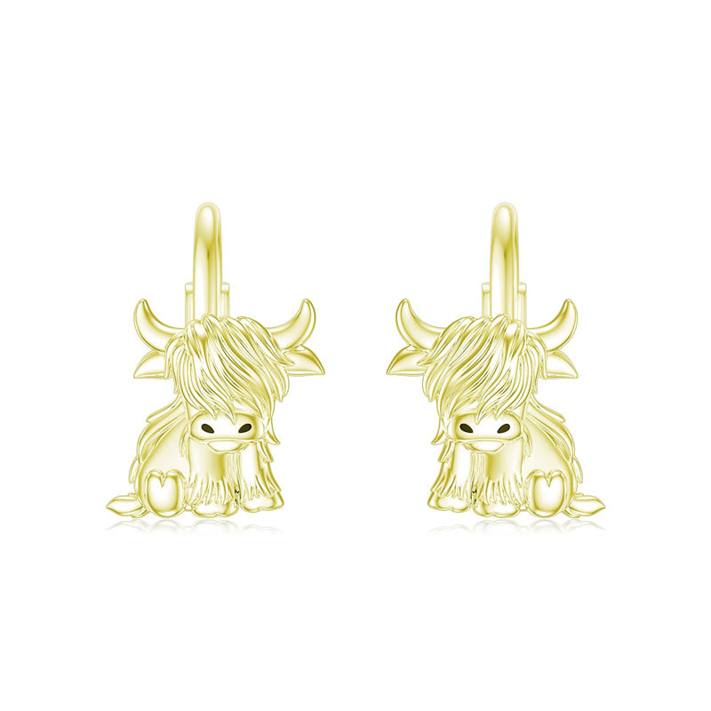 10K 14K 18K Solid Gold Highland Cow Leverback Earrings