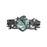 Sterling Silver Personalized Engraved Moss Agate Bridal Wedding Promise Engagement Ring Set for Women