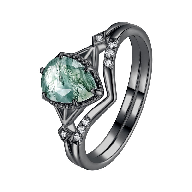 Sterling Silver Personalized Engraved Moss Agate Bridal Wedding Promise Engagement Ring Set for Women