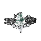 Sterling Silver Personalized Engraved Moss Agate Bridal Wedding Promise Engagement Ring Set for Women