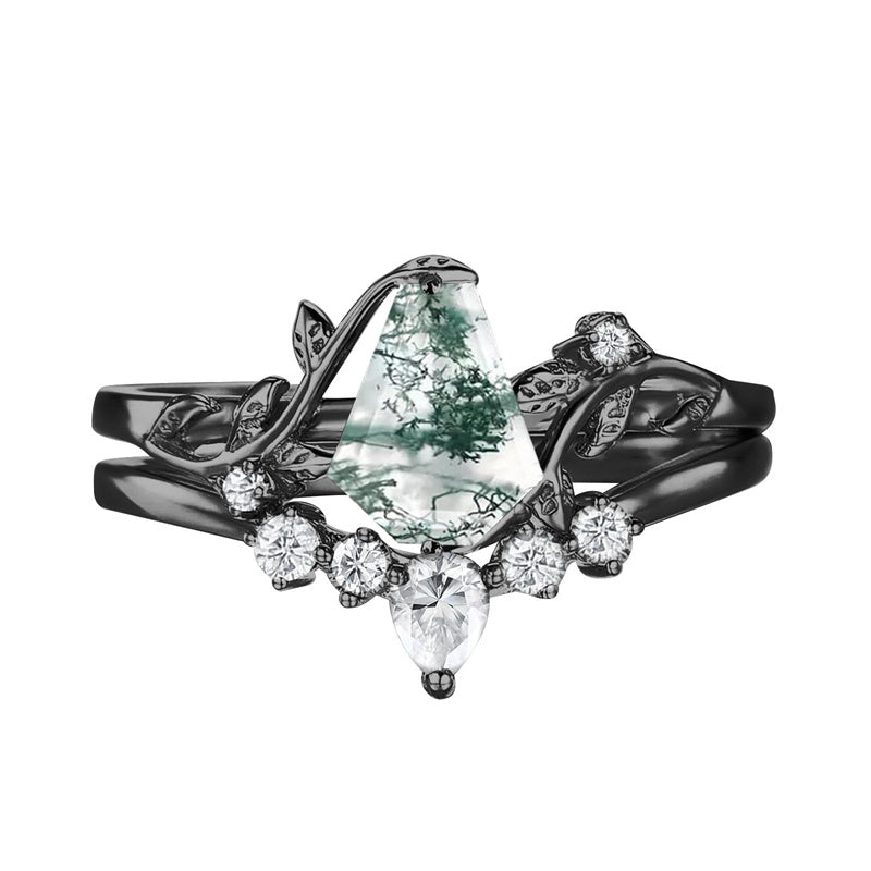 Sterling Silver Personalized Engraved Moss Agate Bridal Wedding Promise Engagement Ring Set for Women