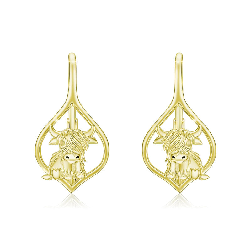 10K 14K 18K Solid Gold Highland Cow Leverback Earrings