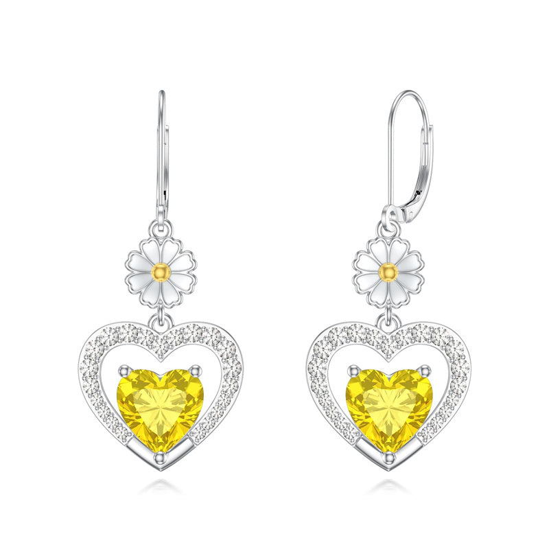 Sterling Silver Heart Cubic Zirconia Sunflower Rose Daisy Lily Lotus Hibiscus Dangle Earrings
