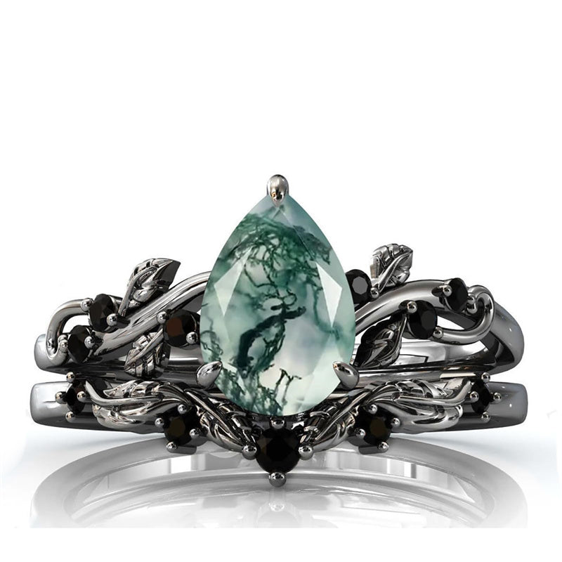 Sterling Silver Heart Moss Agate Set Engagement Wedding Ring