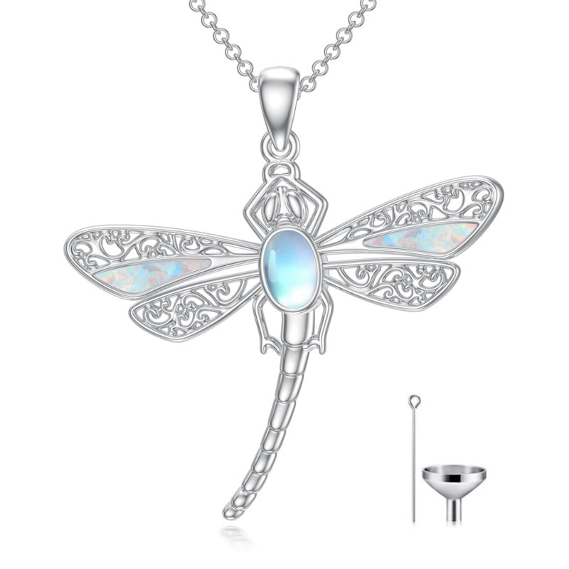 Sterling Silver Dragonfly Moonstone Memorial Urn Necklace for Human Ashes