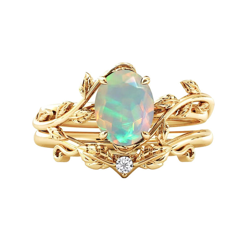 Sterling Silver 10K 14K Gold Leaf Oval Cut Vine Gemstone Set Engagement Wedding Ring