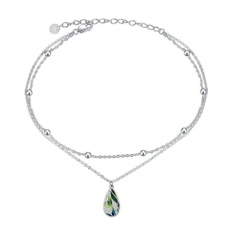 Sterling Silver Tear Dangle Green Leaf Single Layer Anklet