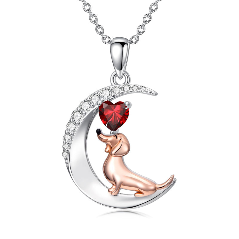 Sterling Silver Heart Birthstone  Dachshund Pendant Necklace