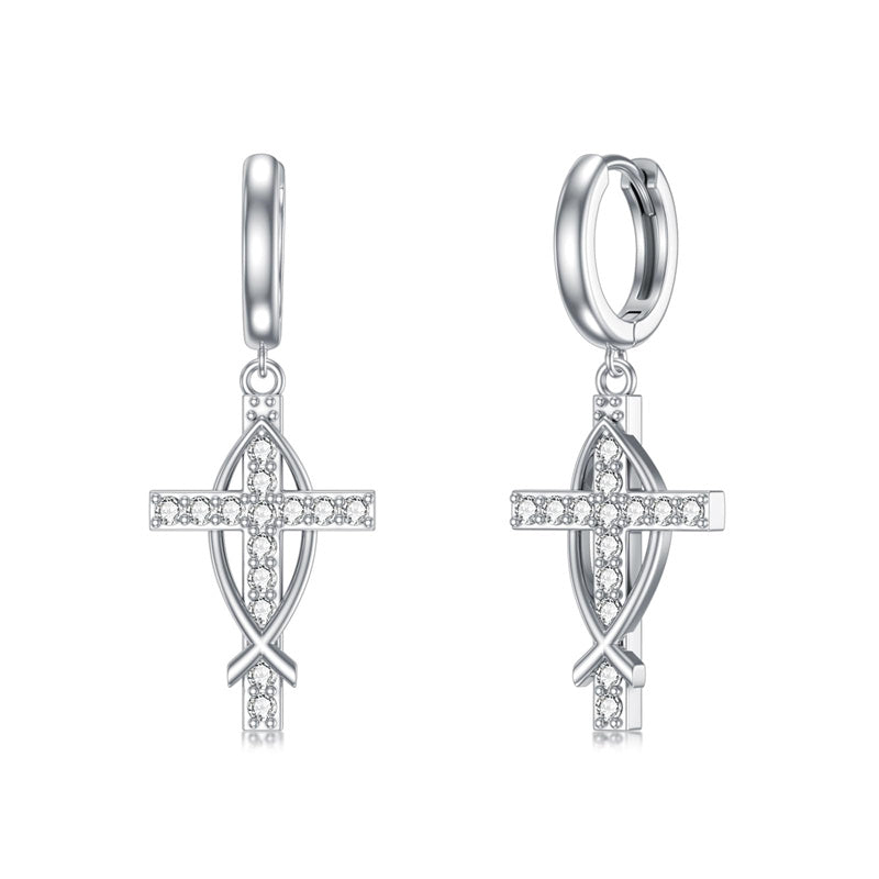 Sterling Silver Cross Sun Viking Wave Hoop Earrings for Men