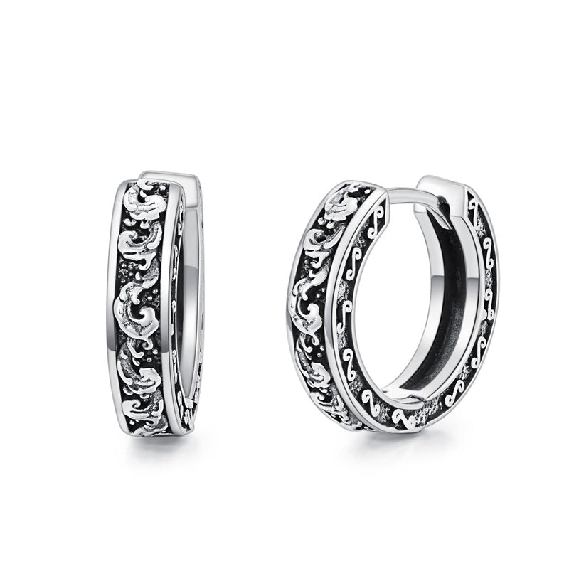 Sterling Silver Cross Sun Viking Wave Hoop Earrings for Men