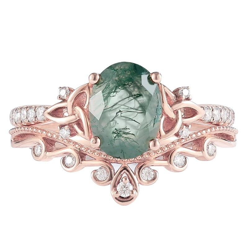 Sterling Silver 10K 14K 18K Gold  Personalized  Engraved Natural Moss Agate Engagement Bridal Wedding Ring Set