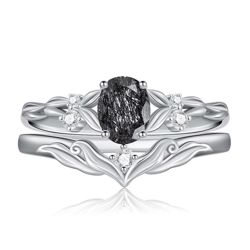 Sterling Silver 10K 14K 18K Gold  Oval Cut Unique Vine Gemstone Wedding Ring Set