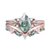 Sterling Silver 10K 14K 18K Gold  Personalized  Engraved Natural Moss Agate Engagement Bridal Wedding Ring Set