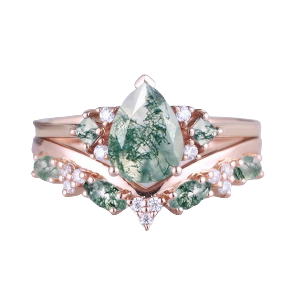 Sterling Silver 10K 14K 18K Gold  Personalized  Engraved Natural Moss Agate Engagement Bridal Wedding Ring Set