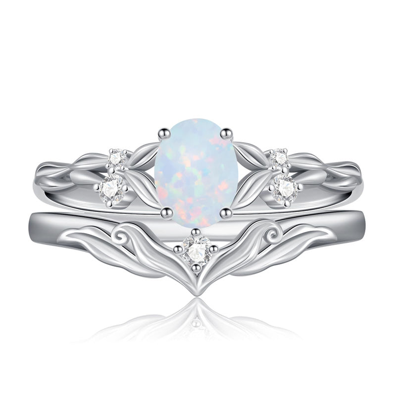 Sterling Silver 10K 14K 18K Gold  Oval Cut Unique Vine Gemstone Wedding Ring Set