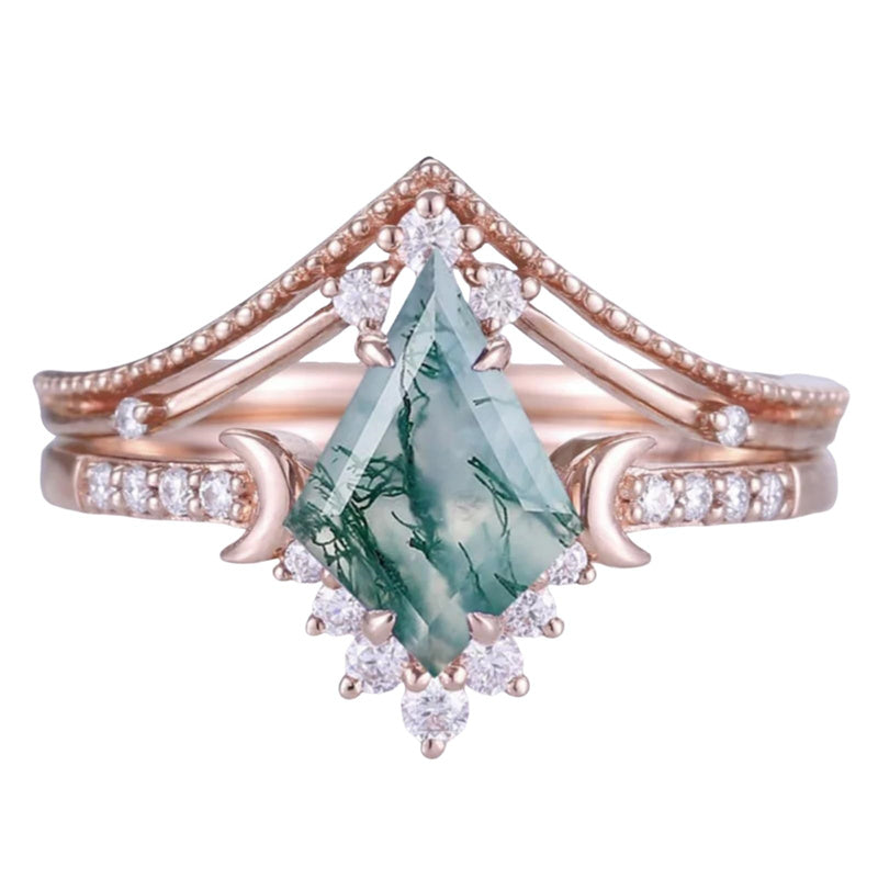 Sterling Silver 10K 14K 18K Gold  Personalized  Engraved Natural Moss Agate Engagement Bridal Wedding Ring Set