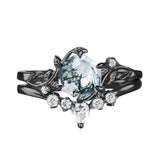 Sterling Silver Personalized Engraved Moss Agate Bridal Wedding Promise Engagement Ring Set for Women