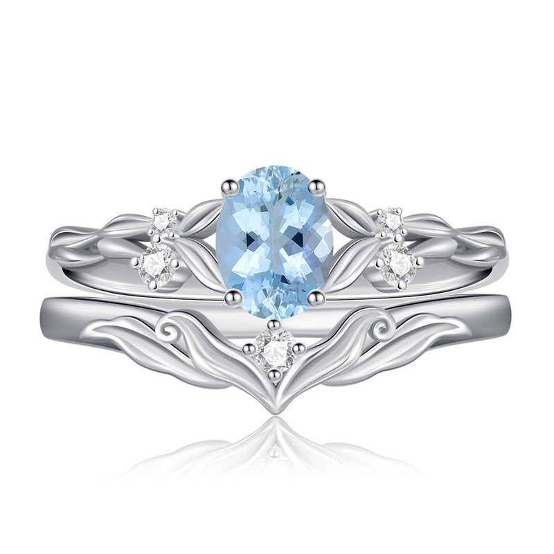 Sterling Silver 10K 14K 18K Gold  Oval Cut Unique Vine Gemstone Wedding Ring Set