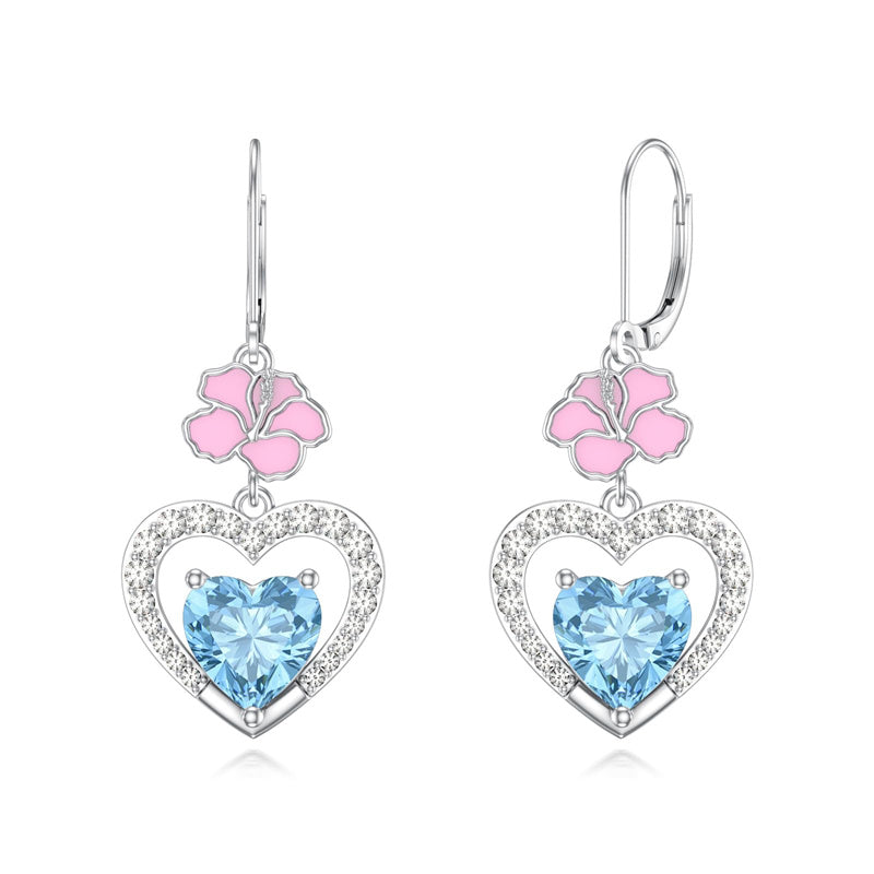 Sterling Silver Heart Cubic Zirconia Sunflower Rose Daisy Lily Lotus Hibiscus Dangle Earrings