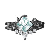 Sterling Silver Personalized Engraved Moss Agate Bridal Wedding Promise Engagement Ring Set for Women