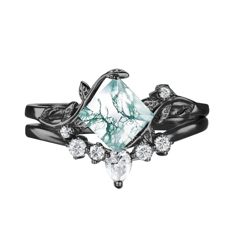 Sterling Silver Personalized Engraved Moss Agate Bridal Wedding Promise Engagement Ring Set for Women