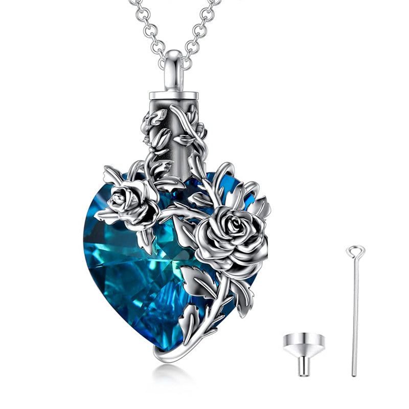 Sterling Silver Heart TearDangle Crystal Rose Cremation Urn Necklace for Ashes