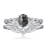 Sterling Silver 10K 14K 18K Gold  Oval Cut Unique Vine Gemstone Wedding Ring Set