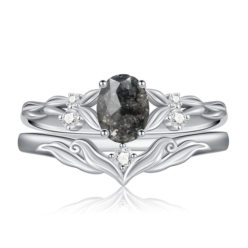 Sterling Silver 10K 14K 18K Gold  Oval Cut Unique Vine Gemstone Wedding Ring Set