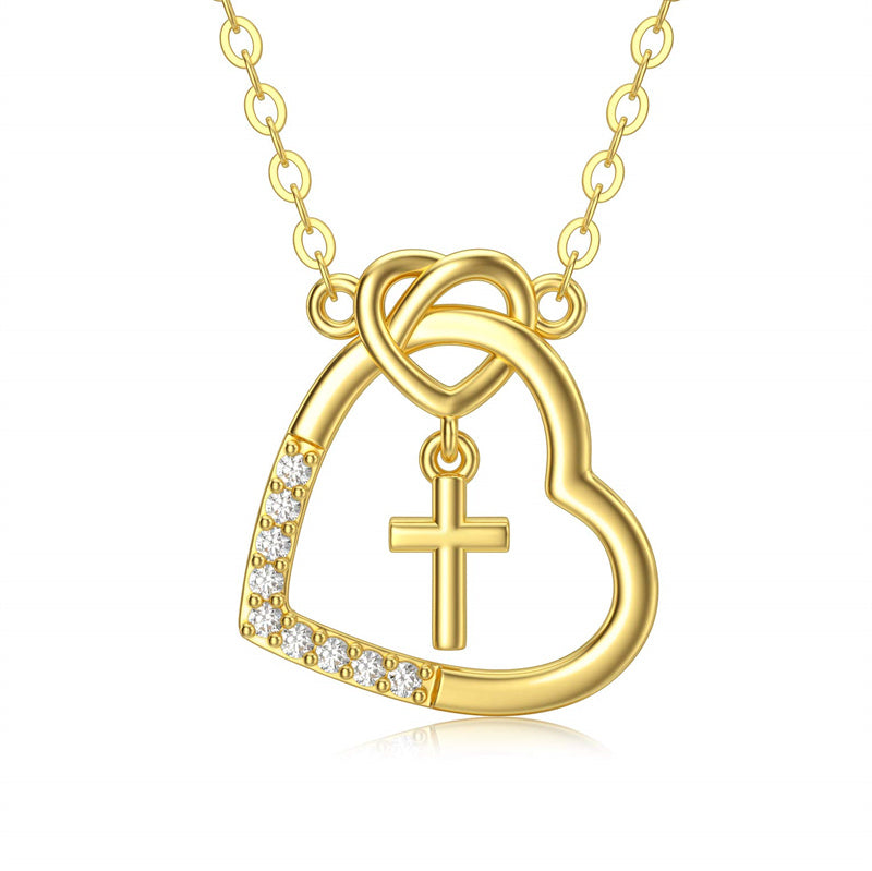 14K l Gold Heart Cubic Zirconia Cross Heart Pendant Necklace