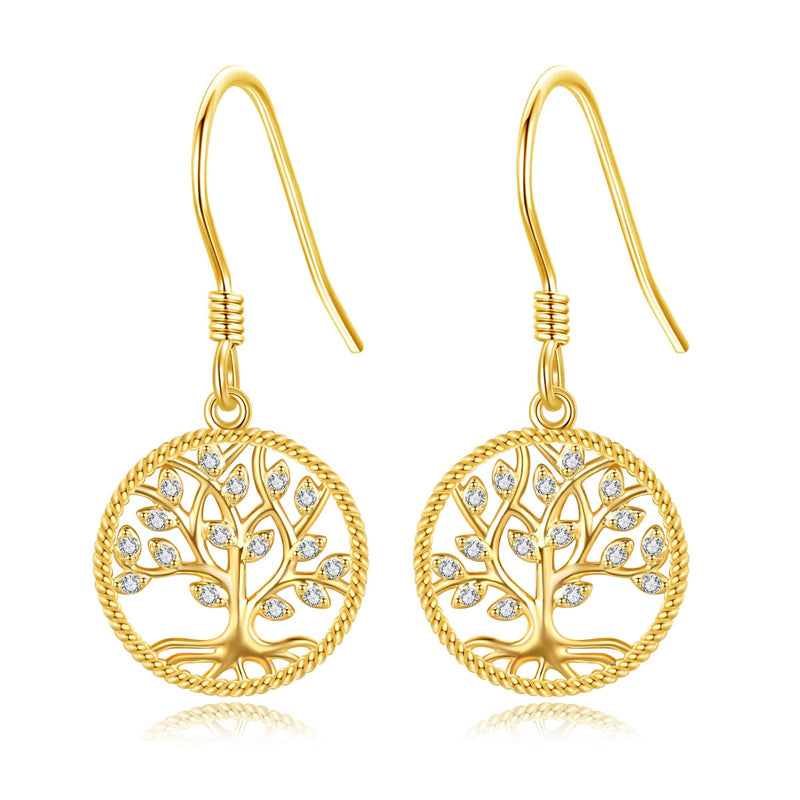 14K Yellow Gold Tree Of Life Dangle Earrings