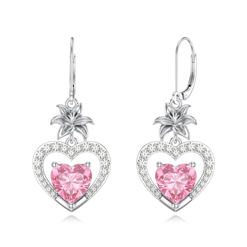 Sterling Silver Heart Cubic Zirconia Sunflower Rose Daisy Lily Lotus Hibiscus Dangle Earrings