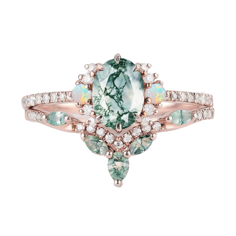 Sterling Silver 10K 14K 18K Gold  Personalized  Engraved Natural Moss Agate Engagement Bridal Wedding Ring Set