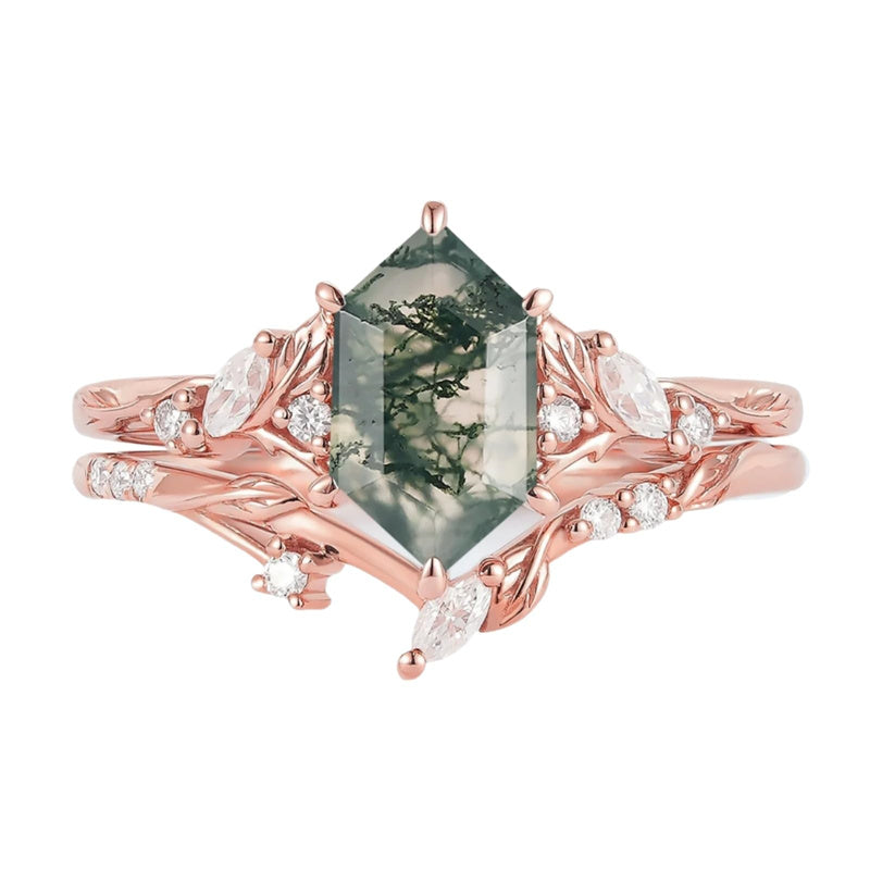 Sterling Silver 10K 14K 18K Gold  Personalized  Engraved Natural Moss Agate Engagement Bridal Wedding Ring Set