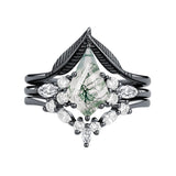 Sterling Silver Personalized Engraved Moss Agate Bridal Wedding Promise Engagement Ring Set for Women