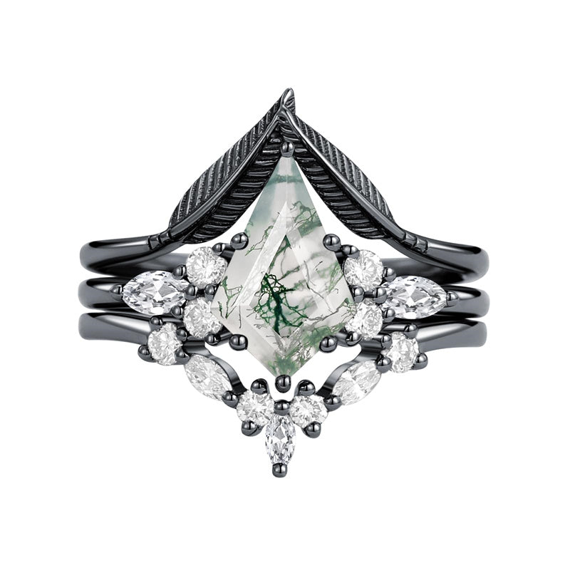 Sterling Silver Personalized Engraved Moss Agate Bridal Wedding Promise Engagement Ring Set for Women