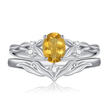 Sterling Silver 10K 14K 18K Gold  Oval Cut Unique Vine Gemstone Wedding Ring Set