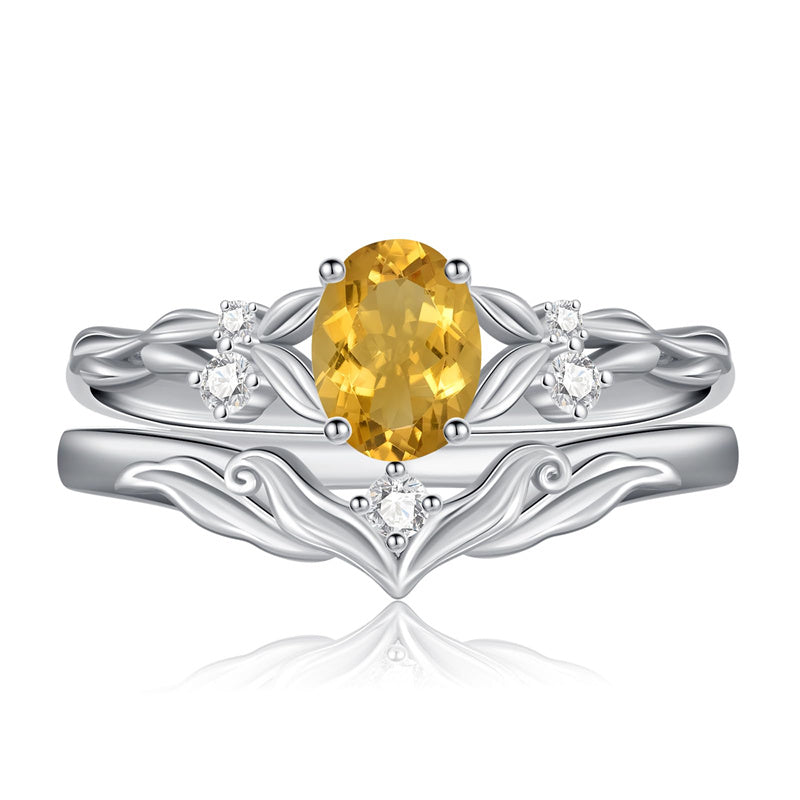 Sterling Silver 10K 14K 18K Gold  Oval Cut Unique Vine Gemstone Wedding Ring Set