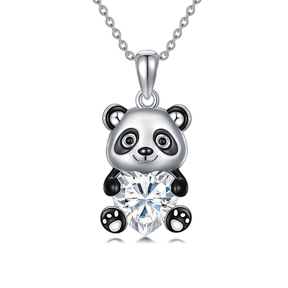 Sterling Silver Heart Birthstone Panda Pendant Necklace